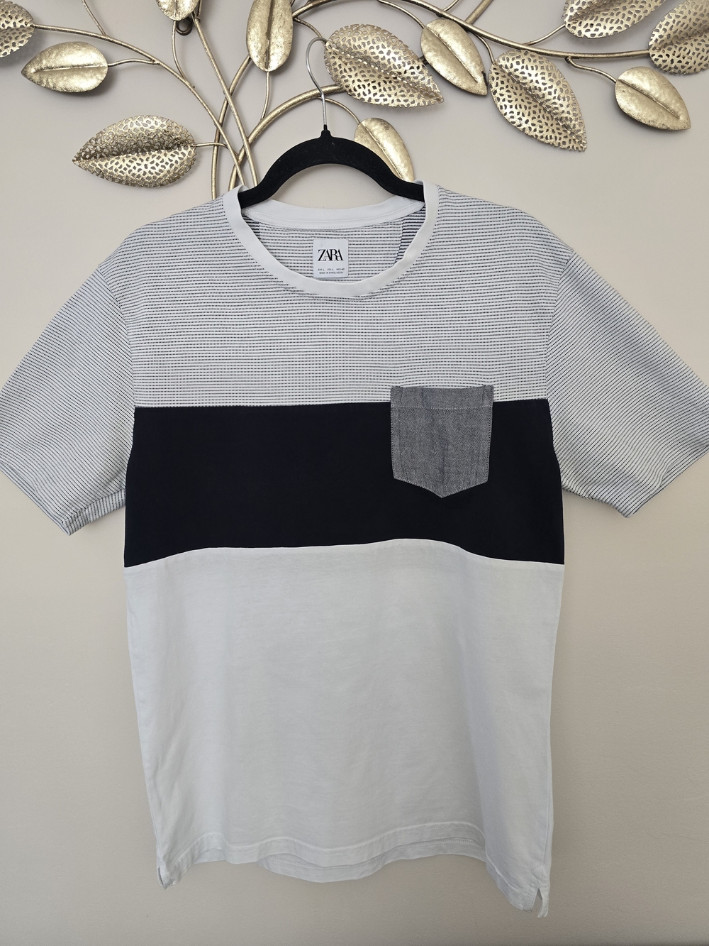 ZARA Men’s White & Black Colorblock Pocket T-Shirt Size L Cotton